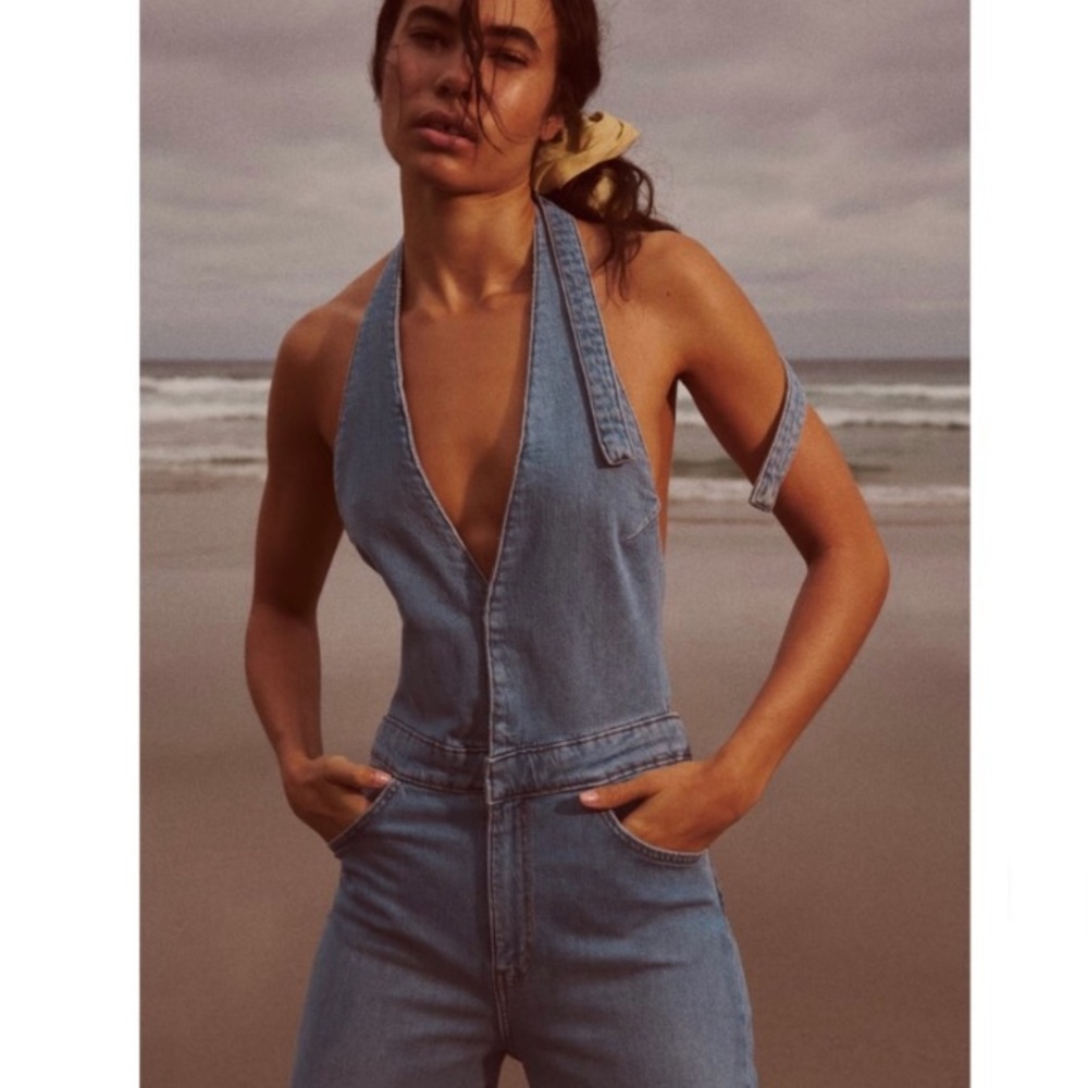 Zara Blue Denim Halter Jumpsuit